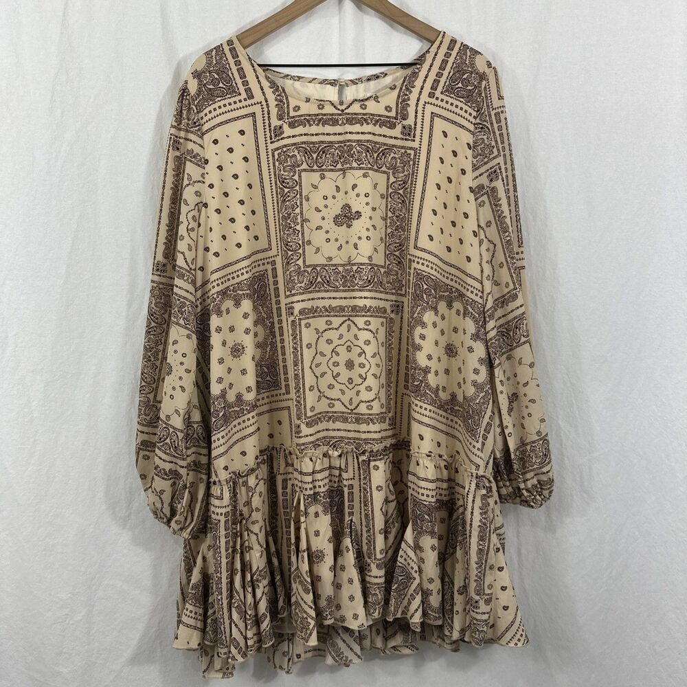 A Beautiful Soul Bandanna Print Tan Ruffle Boho Mini Dress Womens Sz 14 Western